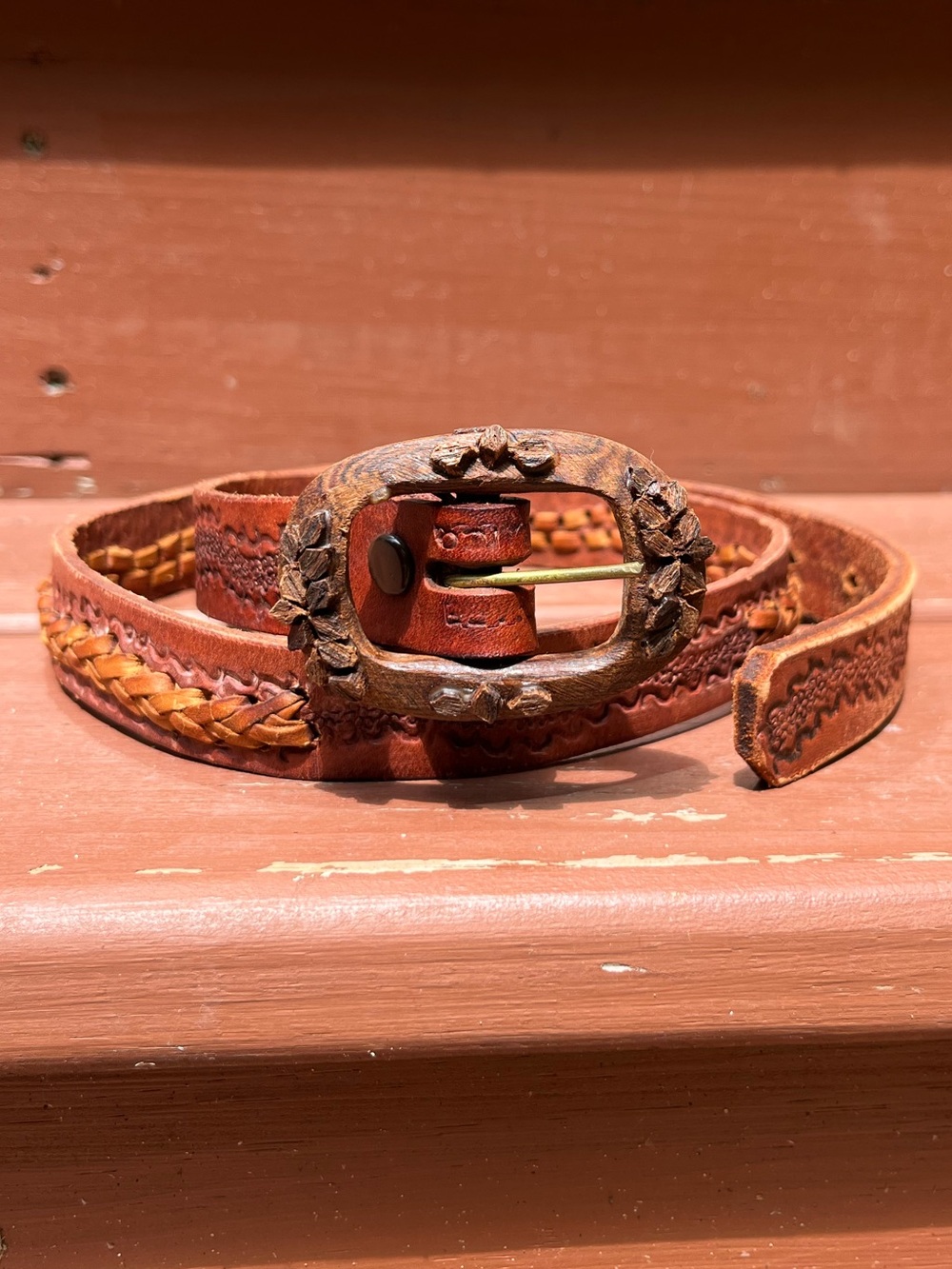 70s Handmade Floral Tooled Genuine Leather Belt Wooden Buckle Boho Cottagecore